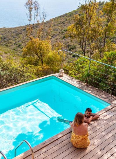 Pool mit Meerblick, umgeben von Natur.