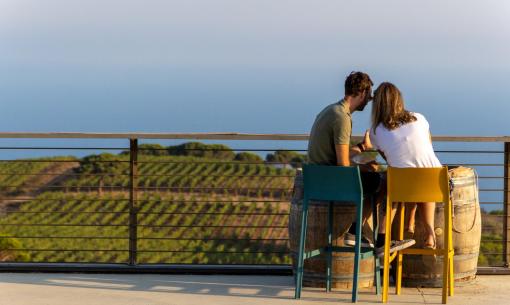 Coppia seduta su barili, vista mare e vigneti.